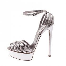 Pre Owned Casadei Metallic Silver Leather Flora Bonnie Platform Sandals Size 36.5
