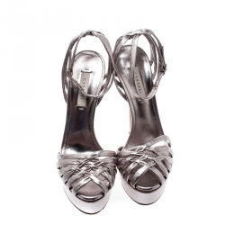 Pre Owned Casadei Metallic Silver Leather Flora Bonnie Platform Sandals Size 36.5