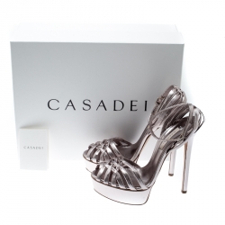 Pre Owned Casadei Metallic Silver Leather Flora Bonnie Platform Sandals Size 36.5