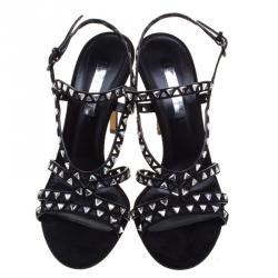 Pre Owned Casadei Black Crystal Embellished Cut Out Suede Sandals Size 39