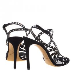 Pre Owned Casadei Black Crystal Embellished Cut Out Suede Sandals Size 39