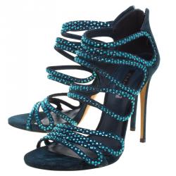 Pre Owned Casadei Emerald Green Crystal Embellished Suede Strappy Sandals Size 39