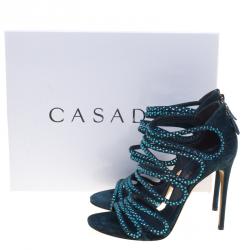 Pre Owned Casadei Emerald Green Crystal Embellished Suede Strappy Sandals Size 39