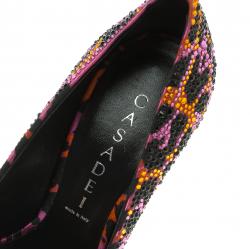 Pre Owned Casadei Multicolor Crystal Studded Animal Print Satin Jungle Pop Blade Heel Pumps Size 36