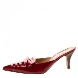 Pre Owned Casadei Red Patent Leather Lace Up Slip On Pointed Toe Sandals Size 38