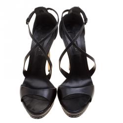 Pre Owned Casadei Black Leather Cross Strap Platform Sandals Size 37