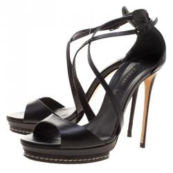 Pre Owned Casadei Black Leather Cross Strap Platform Sandals Size 37