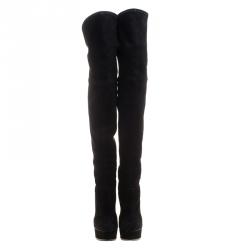 Pre Owned حذاء بوت كاساديه فوق الركبة سويدي ستريتش أسود مقاس 37