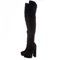 Pre Owned حذاء بوت كاساديه فوق الركبة سويدي ستريتش أسود مقاس 37