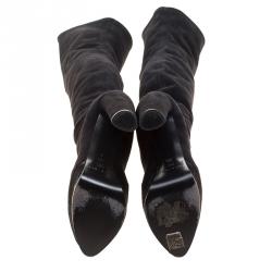 Pre Owned حذاء بوت كاساديه فوق الركبة سويدي ستريتش أسود مقاس 37