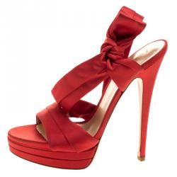 Pre Owned Casadei Red Satin Ankle Wrap Platform Sandals Size 