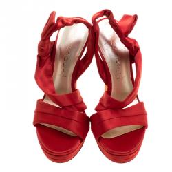 Pre Owned Casadei Red Satin Ankle Wrap Platform Sandals Size 