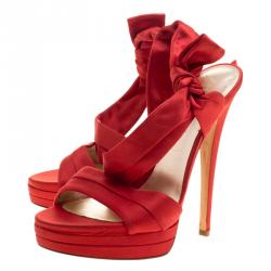 Pre Owned Casadei Red Satin Ankle Wrap Platform Sandals Size 