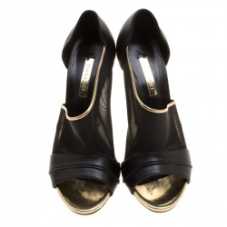 Pre Owned Casadei Black and Gold Leather and Mesh D'orsay Pumps Size 37