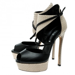 Casadei Beige And Black Python Effect Leather Ankle Cuff D'orsay Sandals Size 35