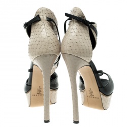 Casadei Beige And Black Python Effect Leather Ankle Cuff D'orsay Sandals Size 35