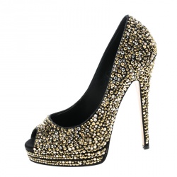 Pre Owned Casadei Black Satin Swarovski Crystal Embellished Peep Toe Pumps Size 36.5