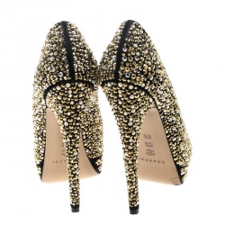 Pre Owned Casadei Black Satin Swarovski Crystal Embellished Peep Toe Pumps Size 36.5