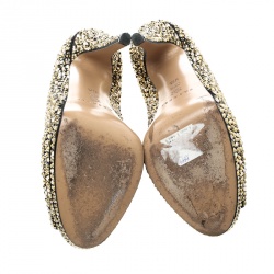 Pre Owned Casadei Black Satin Swarovski Crystal Embellished Peep Toe Pumps Size 36.5