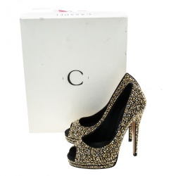 Pre Owned Casadei Black Satin Swarovski Crystal Embellished Peep Toe Pumps Size 36.5