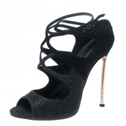 Pre Owned Casadei Black Suede and Glitter Hollywood Peep Toe Cut Out Pumps Size 40