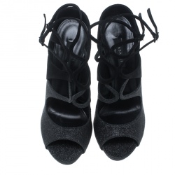 Pre Owned Casadei Black Suede and Glitter Hollywood Peep Toe Cut Out Pumps Size 40