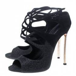 Pre Owned Casadei Black Suede and Glitter Hollywood Peep Toe Cut Out Pumps Size 40