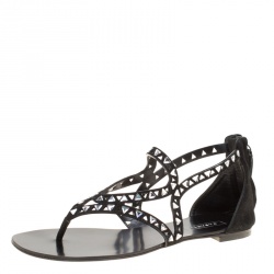Pre Owned Casadei Black Cut Out Suede Crystal Embellished Flat Thong Sandals Size 36