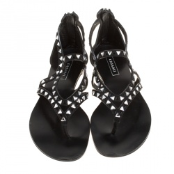 Pre Owned Casadei Black Cut Out Suede Crystal Embellished Flat Thong Sandals Size 36