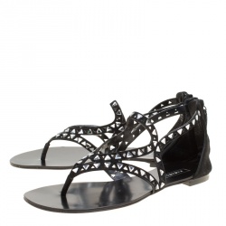Pre Owned Casadei Black Cut Out Suede Crystal Embellished Flat Thong Sandals Size 36