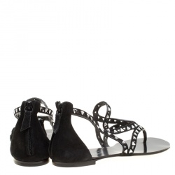 Pre Owned Casadei Black Cut Out Suede Crystal Embellished Flat Thong Sandals Size 36