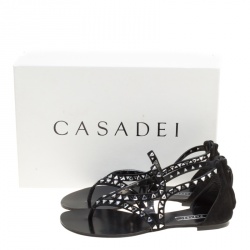 Pre Owned Casadei Black Cut Out Suede Crystal Embellished Flat Thong Sandals Size 36