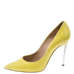 Pre Owned Casadei Yellow Croc Embossed Patent Leather Pointed Toe Pumps Size 37.5