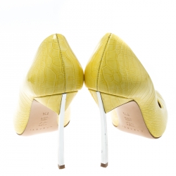 Pre Owned Casadei Yellow Croc Embossed Patent Leather Pointed Toe Pumps Size 37.5