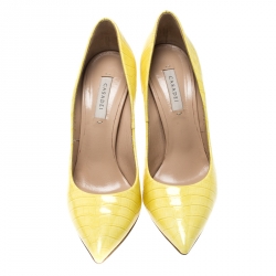 Pre Owned Casadei Yellow Croc Embossed Patent Leather Pointed Toe Pumps Size 37.5