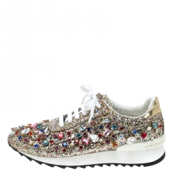 Pre Owned Casadei Multicolor Crystal Embellished Glitter Lace Up Sneakers Size 39