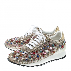Pre Owned Casadei Multicolor Crystal Embellished Glitter Lace Up Sneakers Size 39