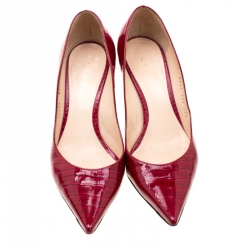 Pre Owned Casadei Red Croc Embossed Patent Leather Pointed Toe Pumps Size 37.5