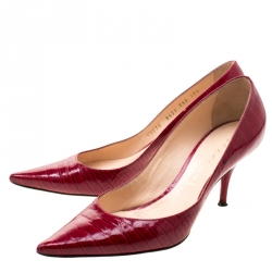 Pre Owned Casadei Red Croc Embossed Patent Leather Pointed Toe Pumps Size 37.5