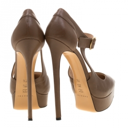 Pre Owned Casadei Brown Leather Buckle Platform Pumps Size 37.5