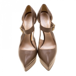 Pre Owned Casadei Brown Leather Buckle Platform Pumps Size 37.5