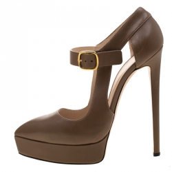 Pre Owned Casadei Brown Leather Buckle Platform Pumps Size 37.5