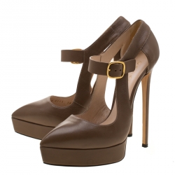 Pre Owned Casadei Brown Leather Buckle Platform Pumps Size 37.5