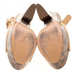 Pre Owned Casadei Beige Leather Tortoise Wedge Heel Slingback Sandals Size 39