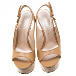 Pre Owned Casadei Beige Leather Tortoise Wedge Heel Slingback Sandals Size 39