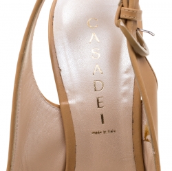 Pre Owned Casadei Beige Leather Tortoise Wedge Heel Slingback Sandals Size 39