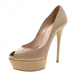 Pre Owned Casadei Beige Python Embossed Leather Peep Toe Platform Pumps Size 38.5
