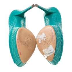 Pre Owned Casadei Blue Python Embossed Patent Leather Peep Toe Platform Pumps 38