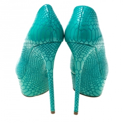 Pre Owned Casadei Blue Python Embossed Patent Leather Peep Toe Platform Pumps 38