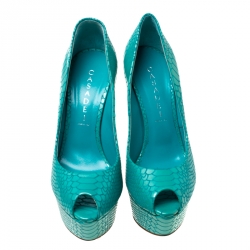 Pre Owned Casadei Blue Python Embossed Patent Leather Peep Toe Platform Pumps 38
